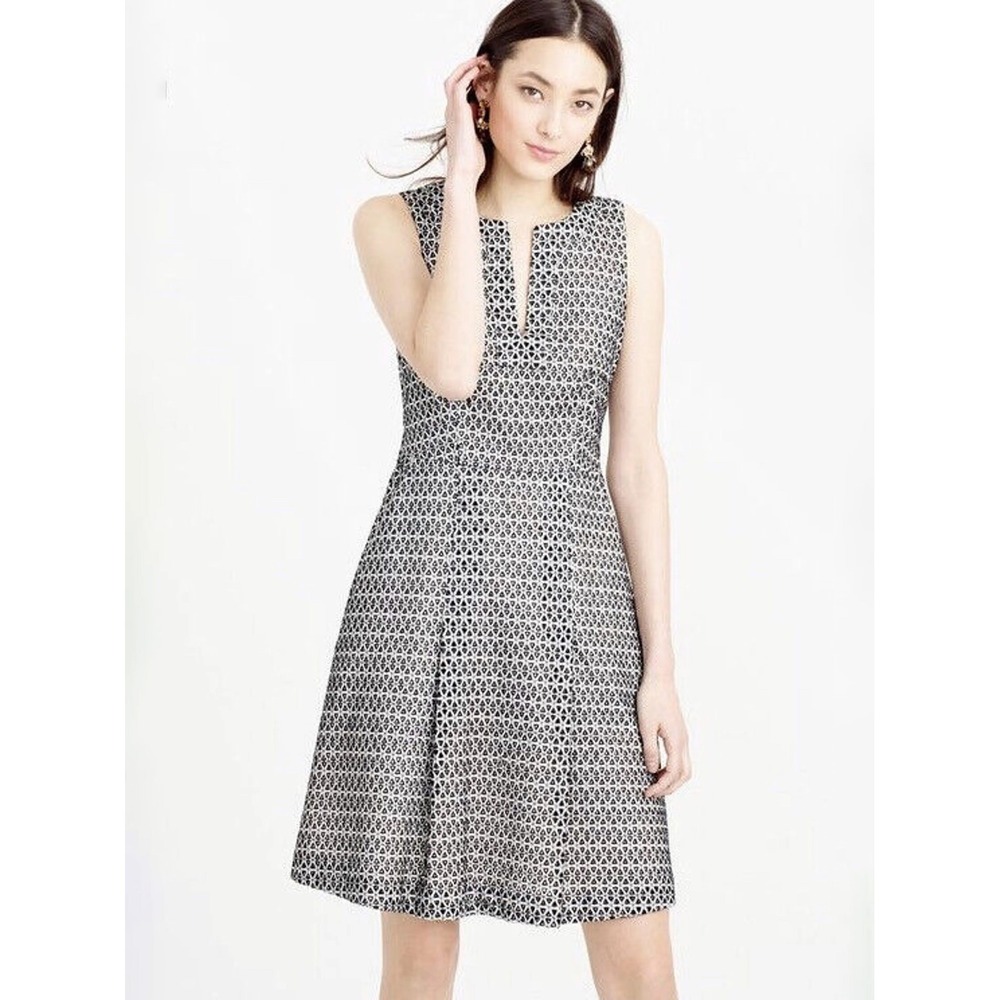 J.Crew Black White Geometric Embroidered‎ 100% Cotton Eyelet Fit Flare Size 4